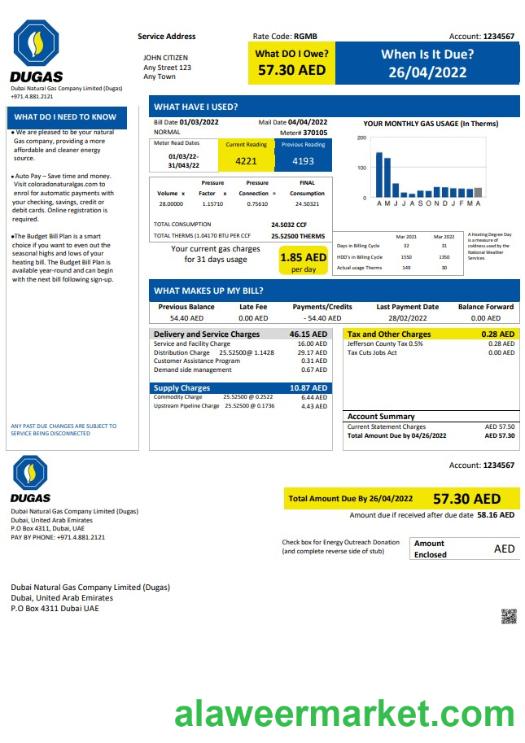 UAE Dubai Natural Gas Company Limited (Dugas) utility bill template in Word and PDF format